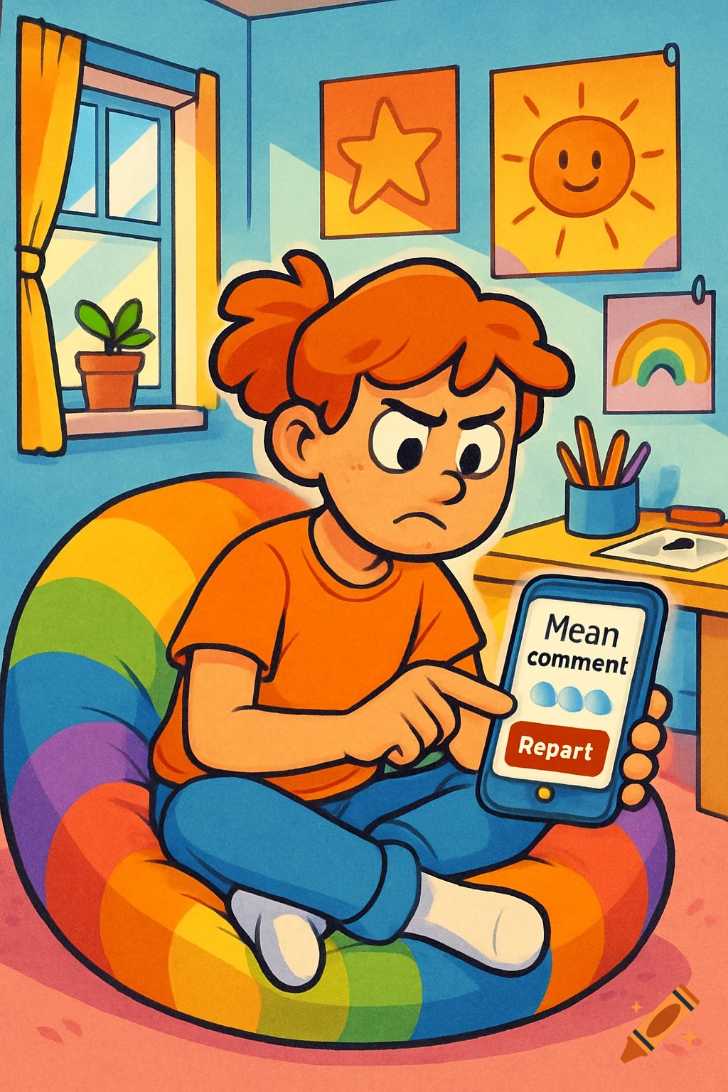 A cartoon child with orange hair, sitting on a rainbow beanbag, looks upset while pointing at a phone screen that displays "Mean comment" and a "Repart" button.