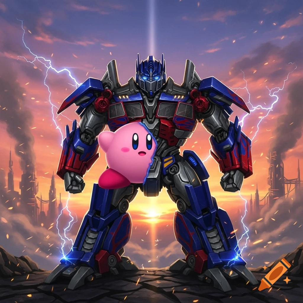 Optimus Prime stands powerfully with Kirby placed on his chest, against a dramatic backdrop of a sunset sky, lightning, and industrial ruins.