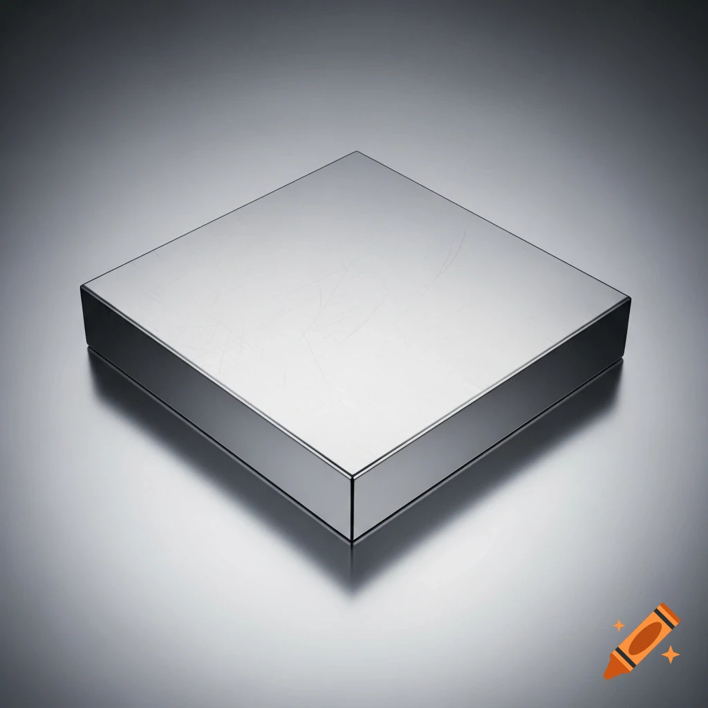A shiny silver metallic square block with subtle scratches on a reflective gray surface.