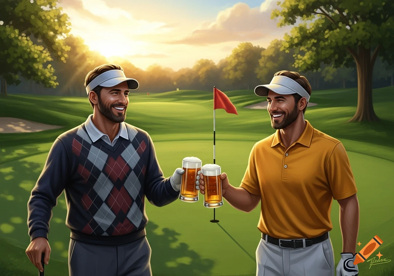 Two smiling men in golf attire toast with beers on a sunny golf course with a red flag.