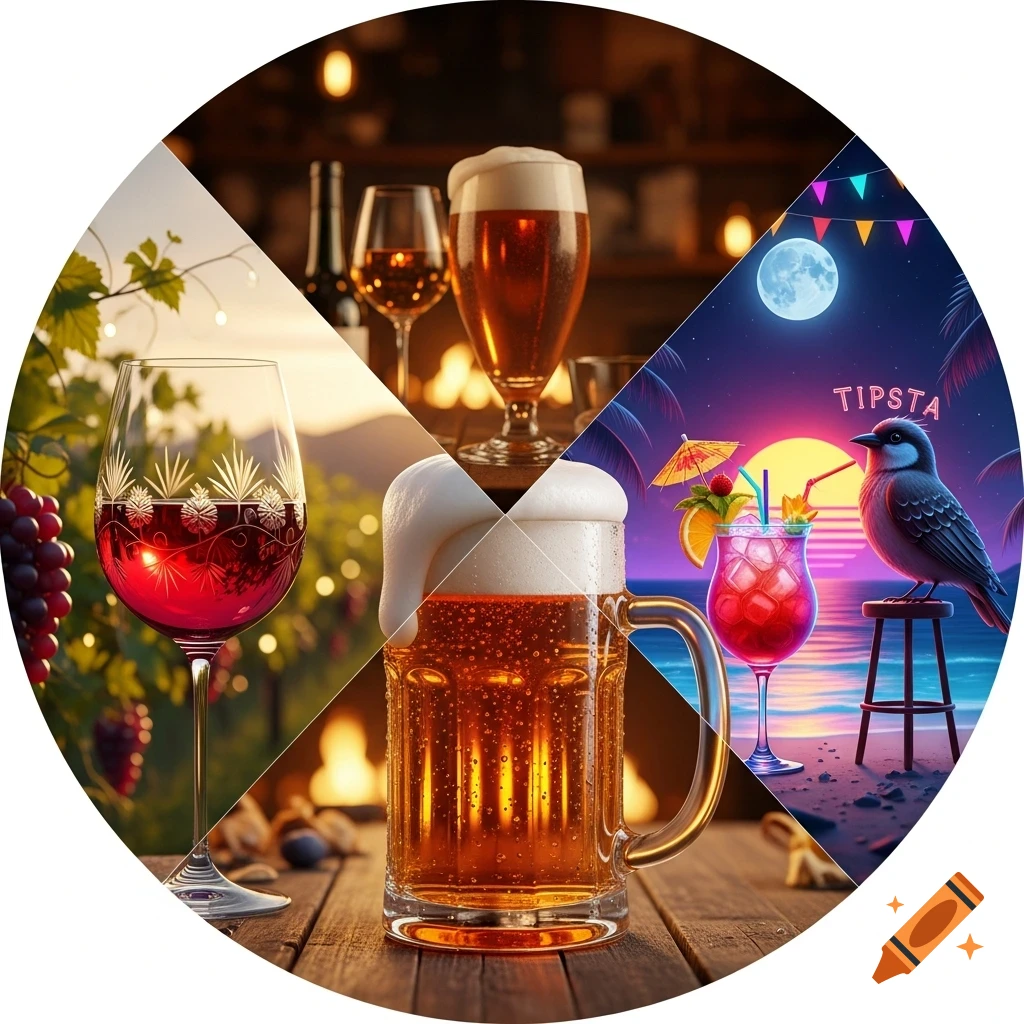 Circular collage with four segments: red wine in vineyard, beer glass in bar, large beer mug, and a cocktail with a bird on a beach.