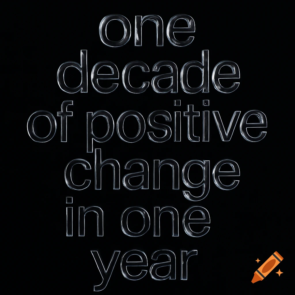 3D rendered glass text on a black background stating 'one decade of positive change in one year'.