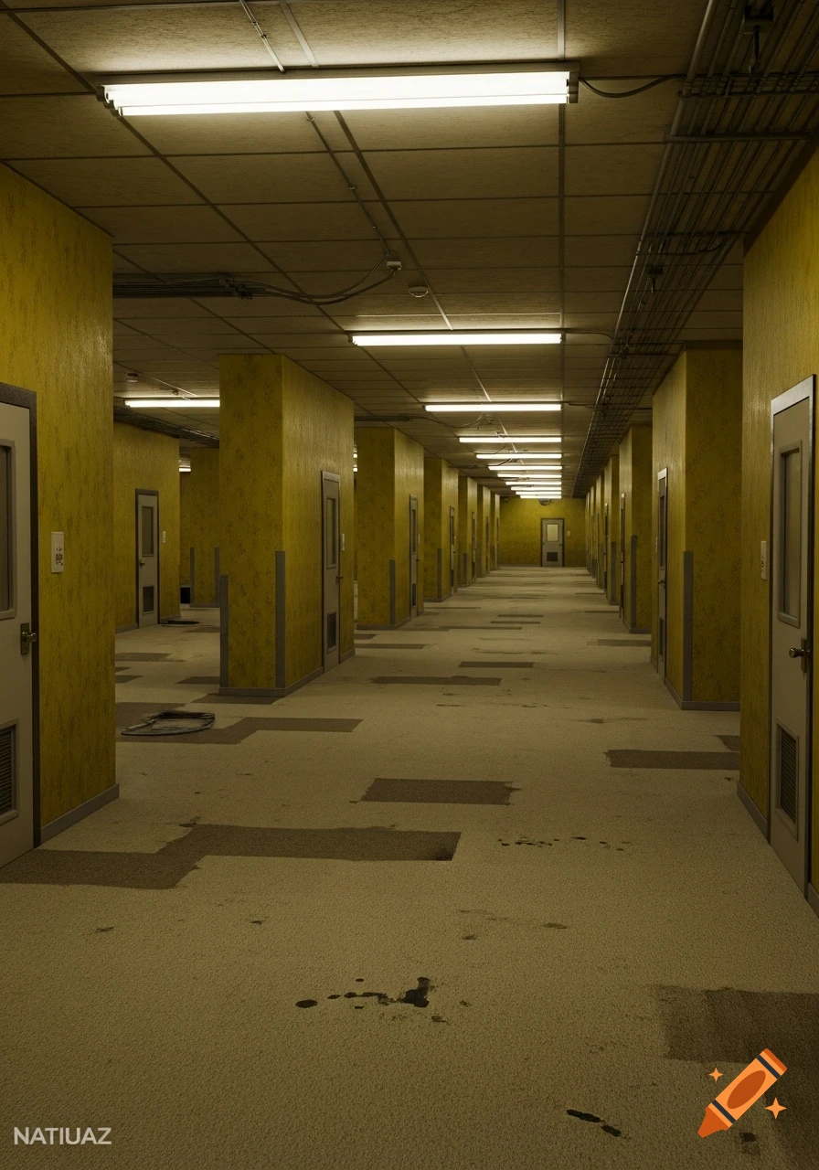 An eerie, photorealistic long corridor with yellow walls, fluorescent lights, and worn carpet leading into the distance. Numerous doors line the endless hallway.
