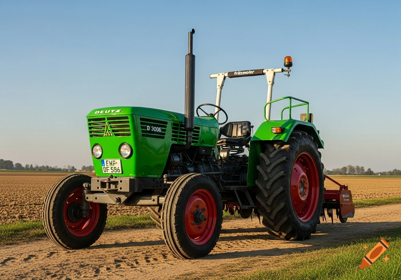 A vibrant green Deutz D 3006 tractor with red wheels and a white roll bar, parked on a dirt path in a plowed field under a clear blue sky.