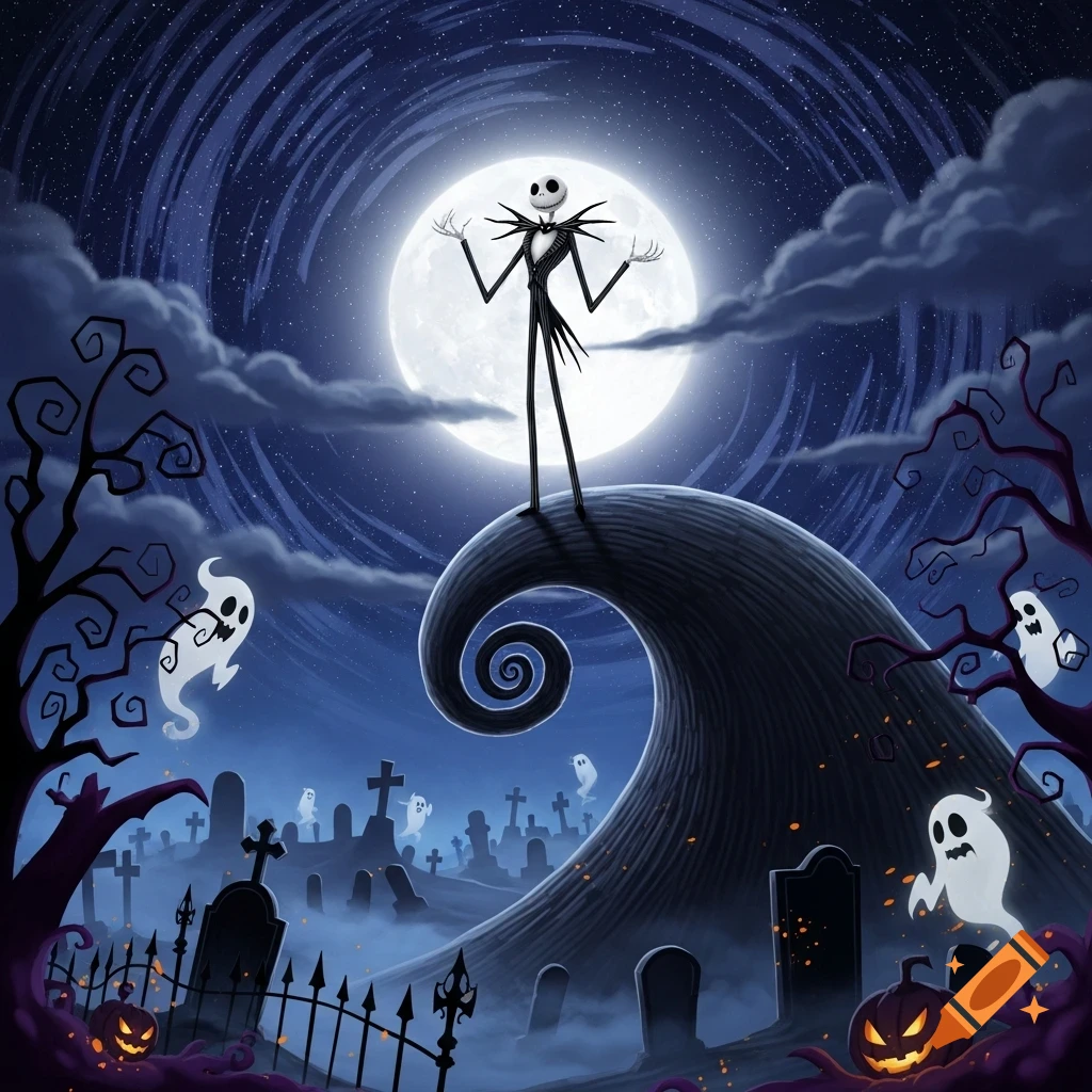 Jack Skellington stands on a curly hill in a graveyard with ghosts and glowing jack-o'-lanterns under a large full moon in a stylized, dark blue night sky.