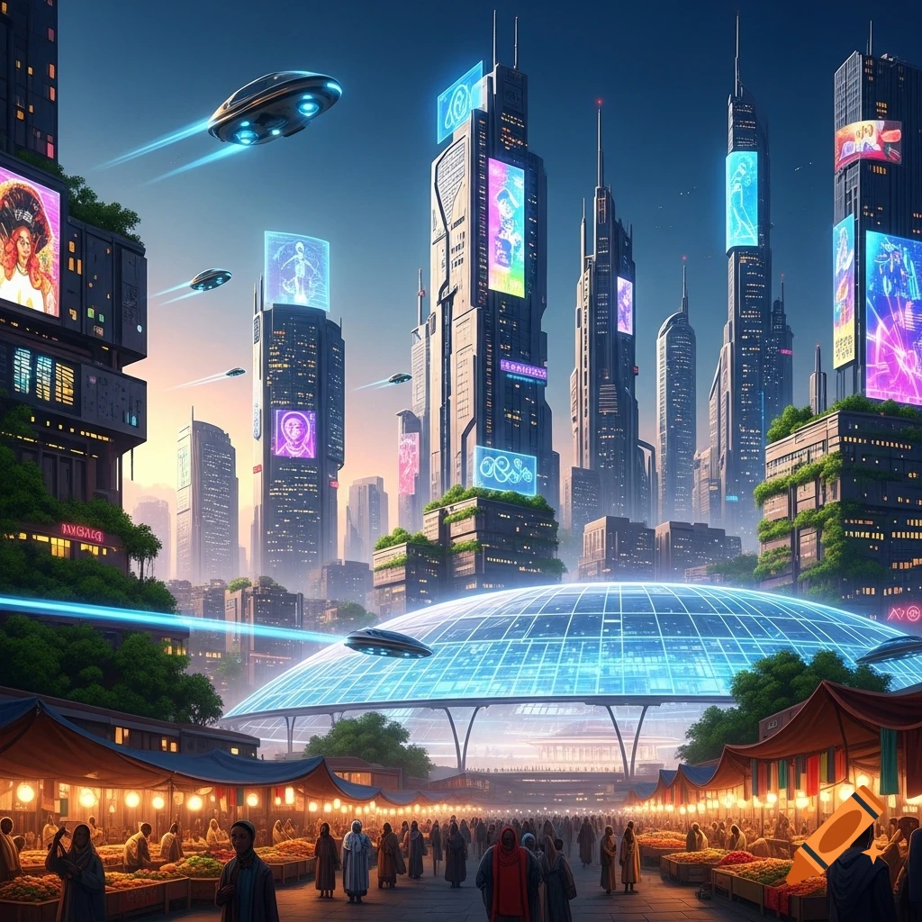 A vibrant, wide shot of a futuristic city with towering skyscrapers, flying vehicles, and a bustling market filled with people below.