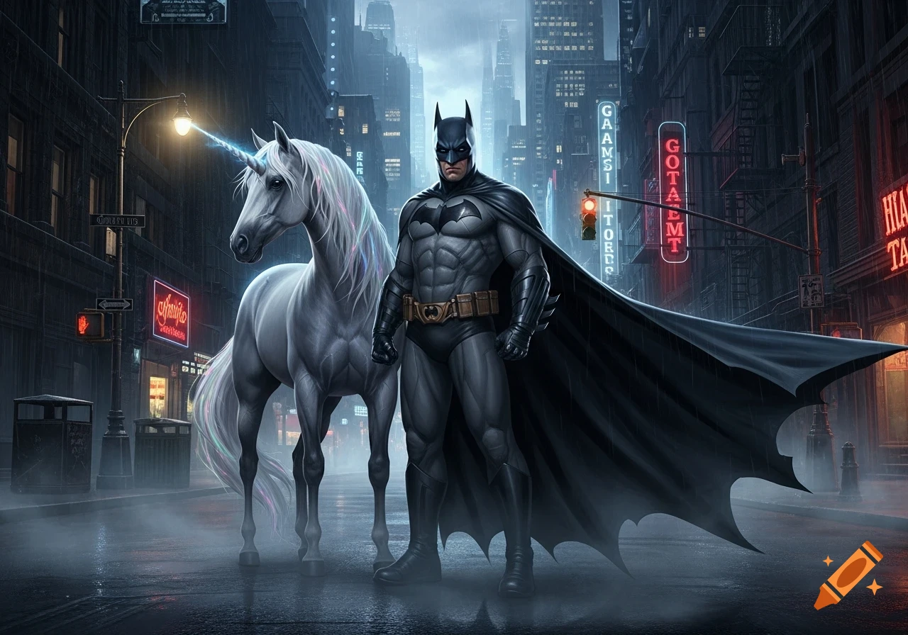 Batman and a unicorn stand on a rainy street in a dark, neon-lit city ...
