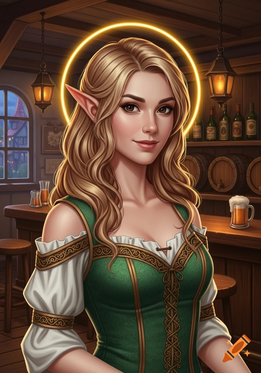 A half-elf barmaid with long blonde wavy hair, pointed ears, and brown eyes, wearing a green and white dress, stands in a warmly lit tavern with a golden halo around her head.