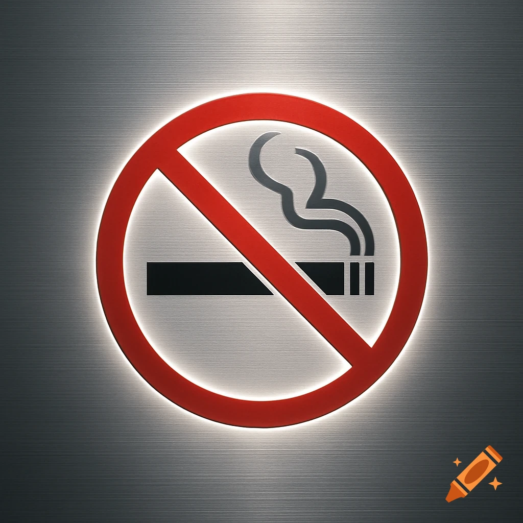 A glowing no smoking sign in a red circle with a diagonal line over a black cigarette and smoke, set against a brushed metal background.