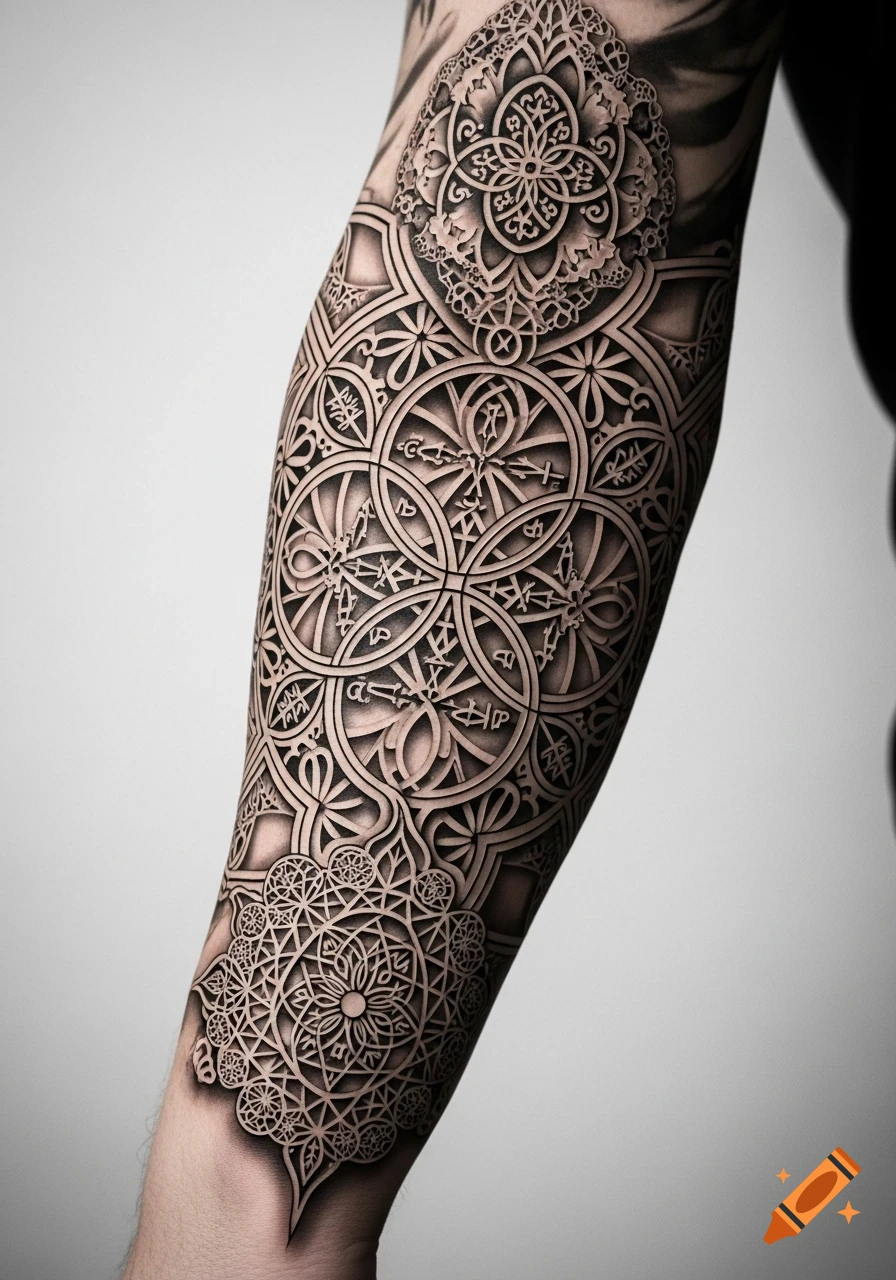 A detailed, realistic geometric tattoo covering a forearm with intricate patterns and ornate designs.
