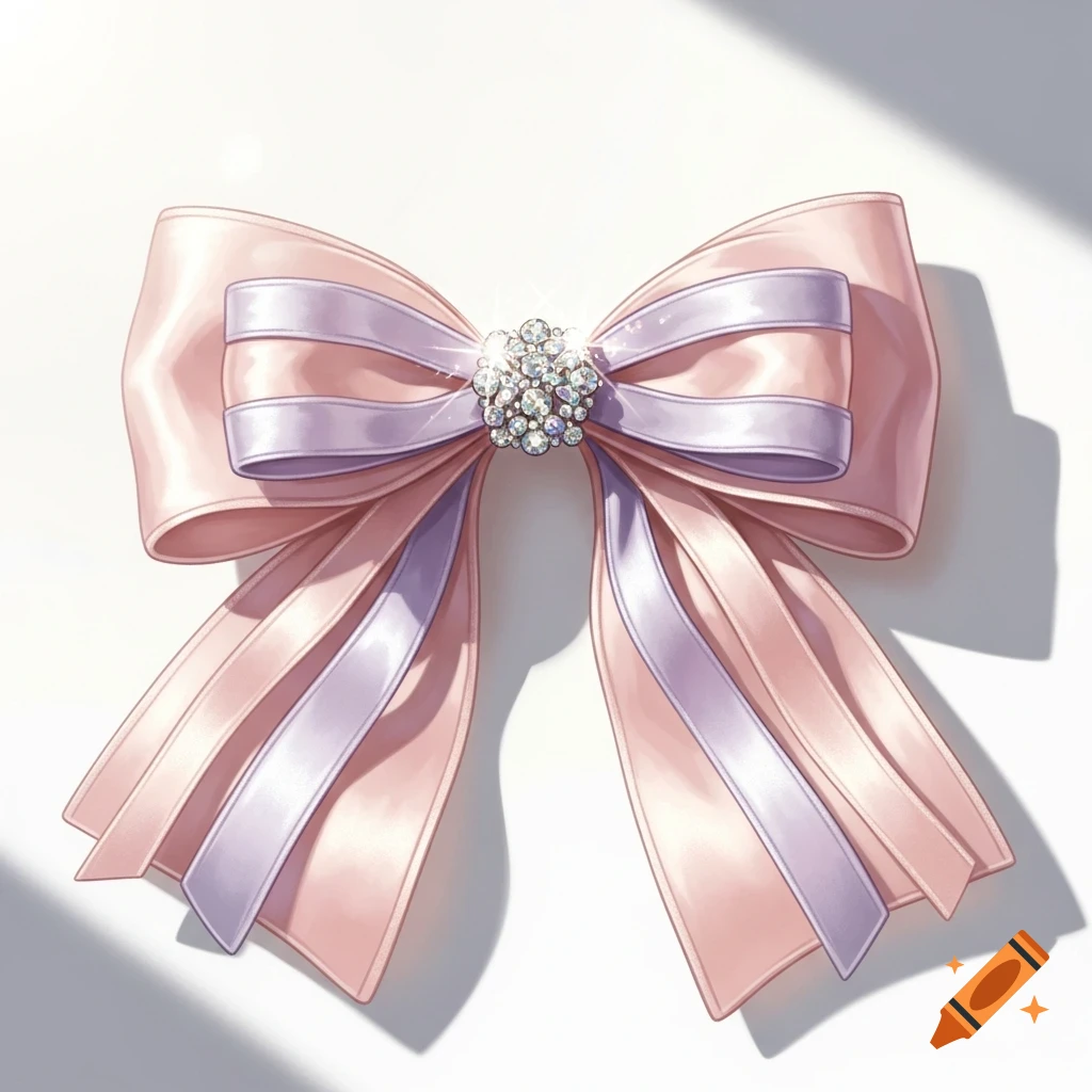 A shiny pink and light purple bow with a sparkling diamond-like cluster at its center, set against a white background with soft shadows.