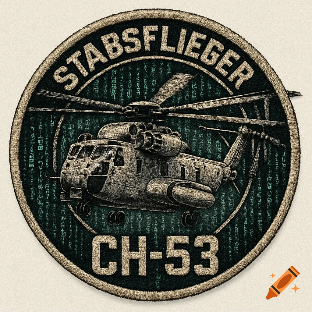 Round embroidered military patch with a CH-53 helicopter, 'STABSFLIEGER' at top, 'CH-53' at bottom, on a green letter matrix background.