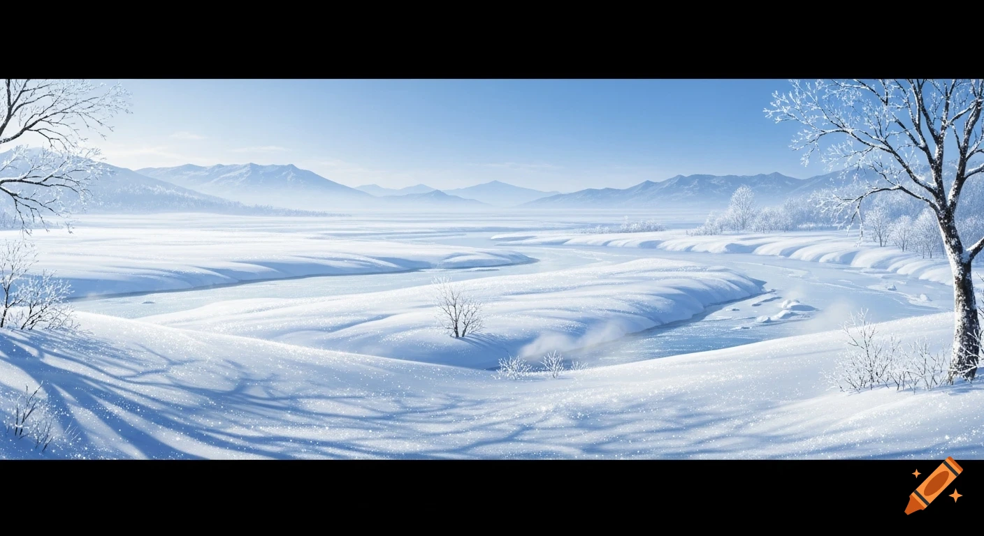 Serene winter landscape with snow-covered plains, a winding frozen ...