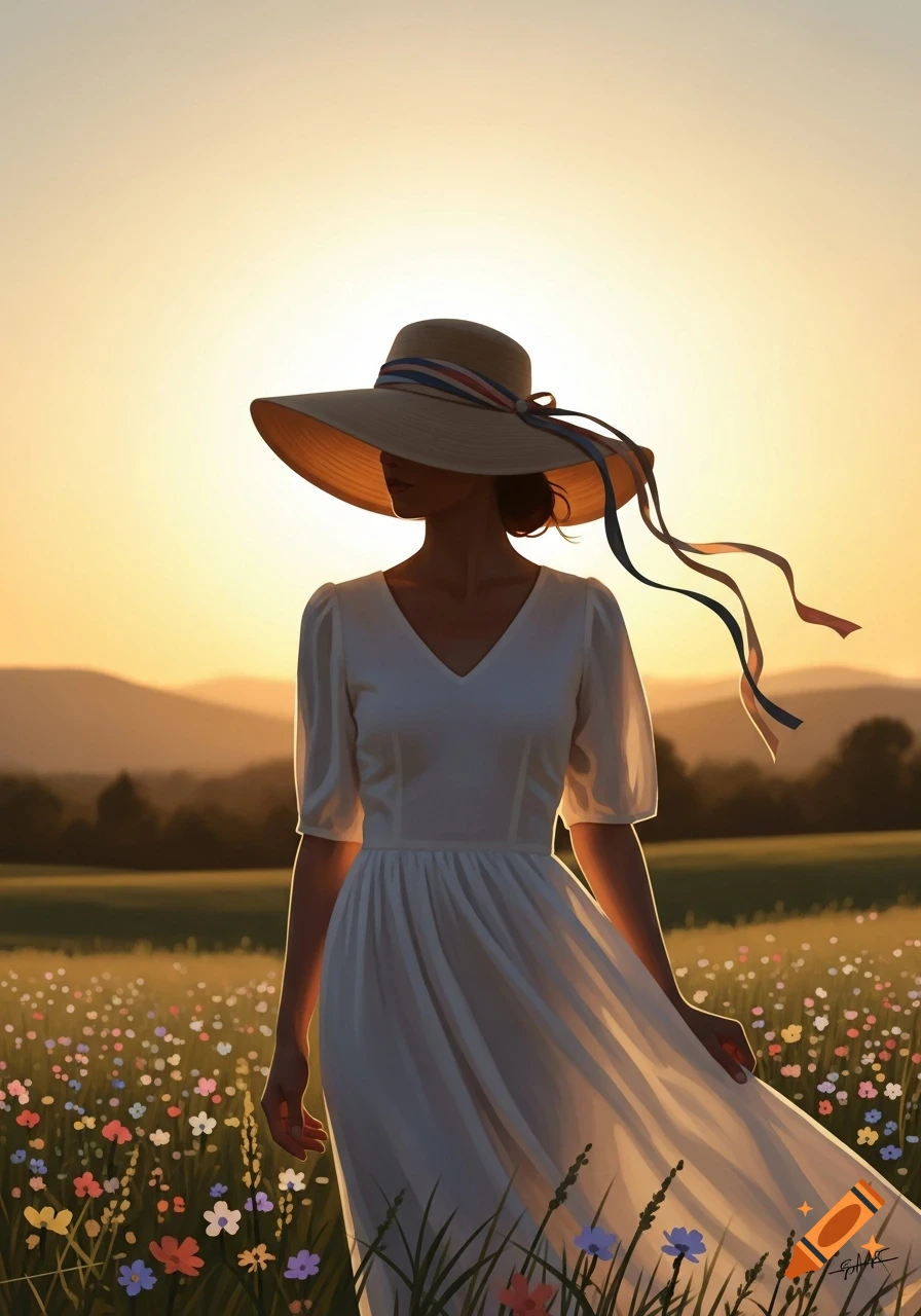 Woman in a wide-brimmed hat and white dress stands in a field of ...