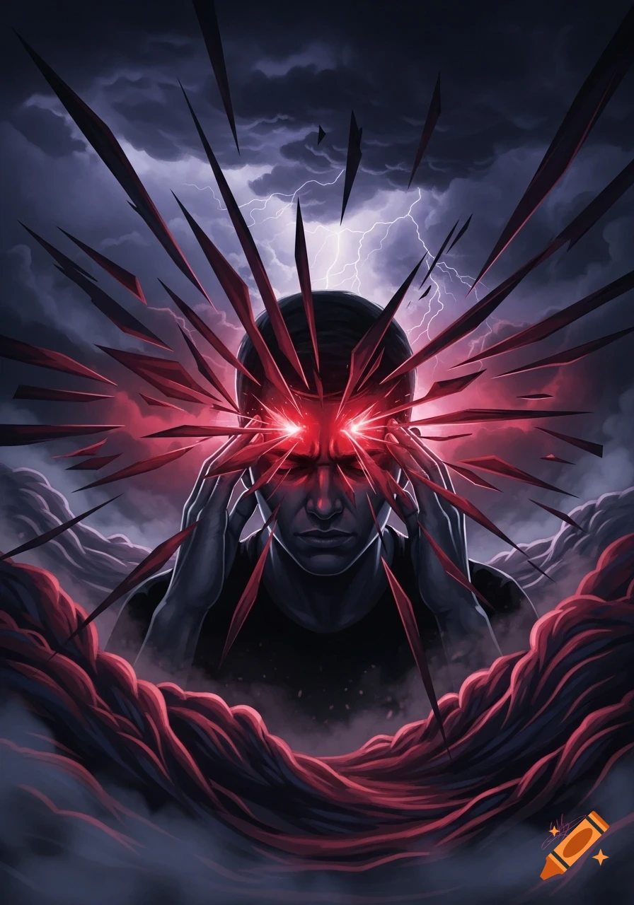 A person with glowing red eyes clenches their head as red shards and energy burst outwards, against a dark, stormy sky with lightning, in a dramatic illustration.