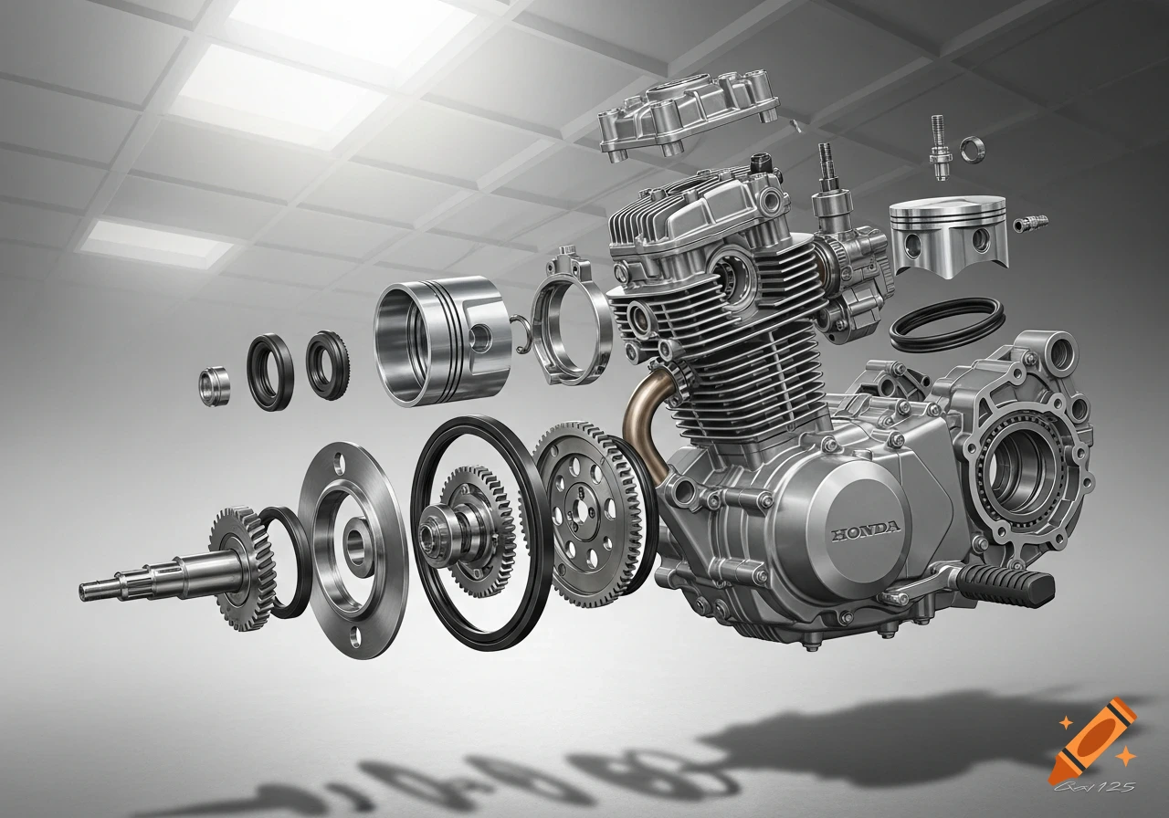 Exploded view of a shiny silver Honda 125 motorcycle engine, showing all internal components suspended in mid-air.