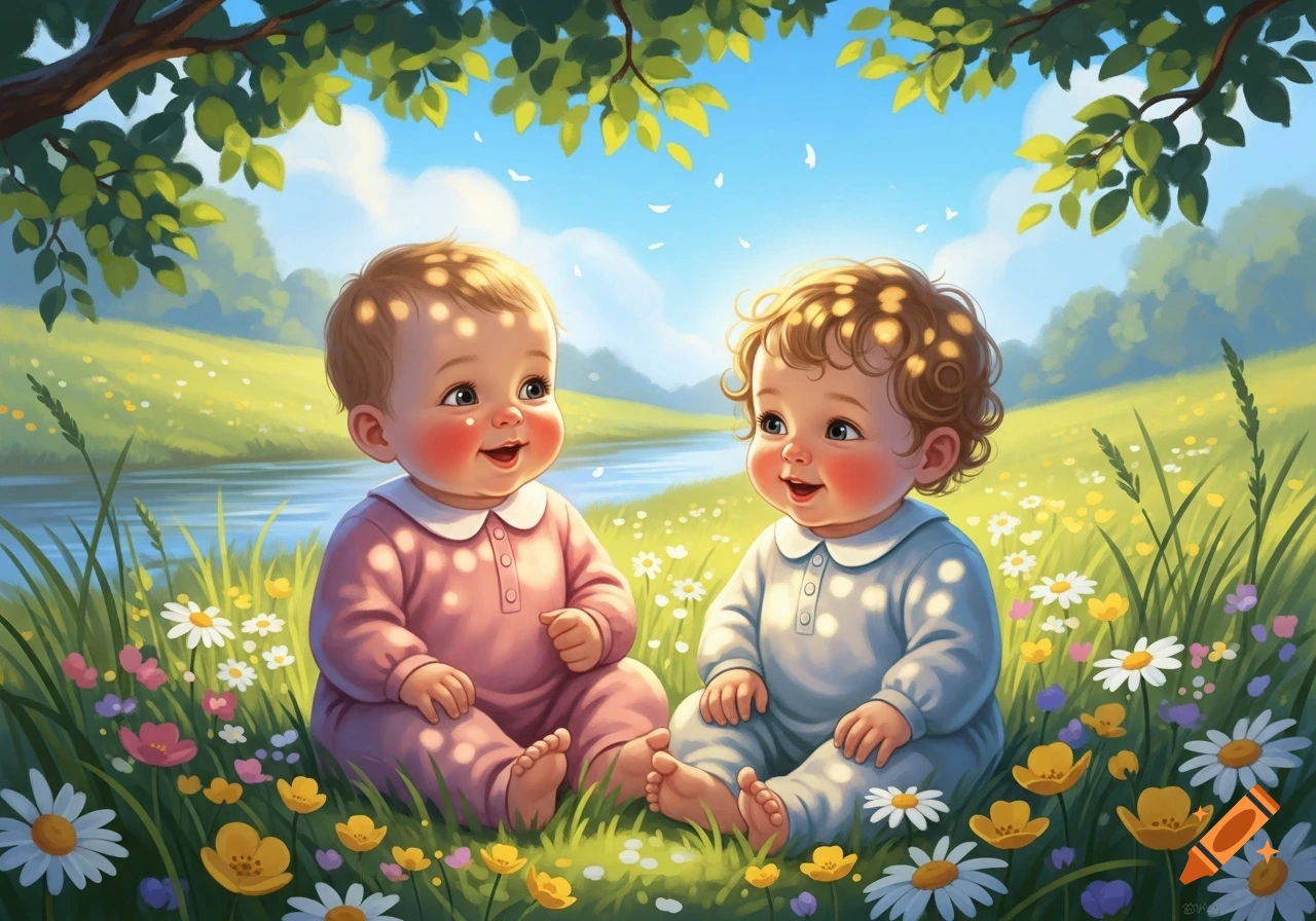 Two smiling babies sit in a sunny, flower-filled meadow by a river under a tree, in an illustration.