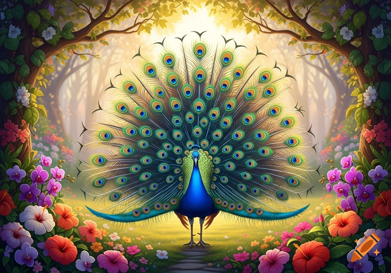 A vibrant blue peacock stands on a path in a lush, fantastical forest, its magnificent tail feathers fanned wide, surrounded by colorful flowers and trees, bathed in golden light.