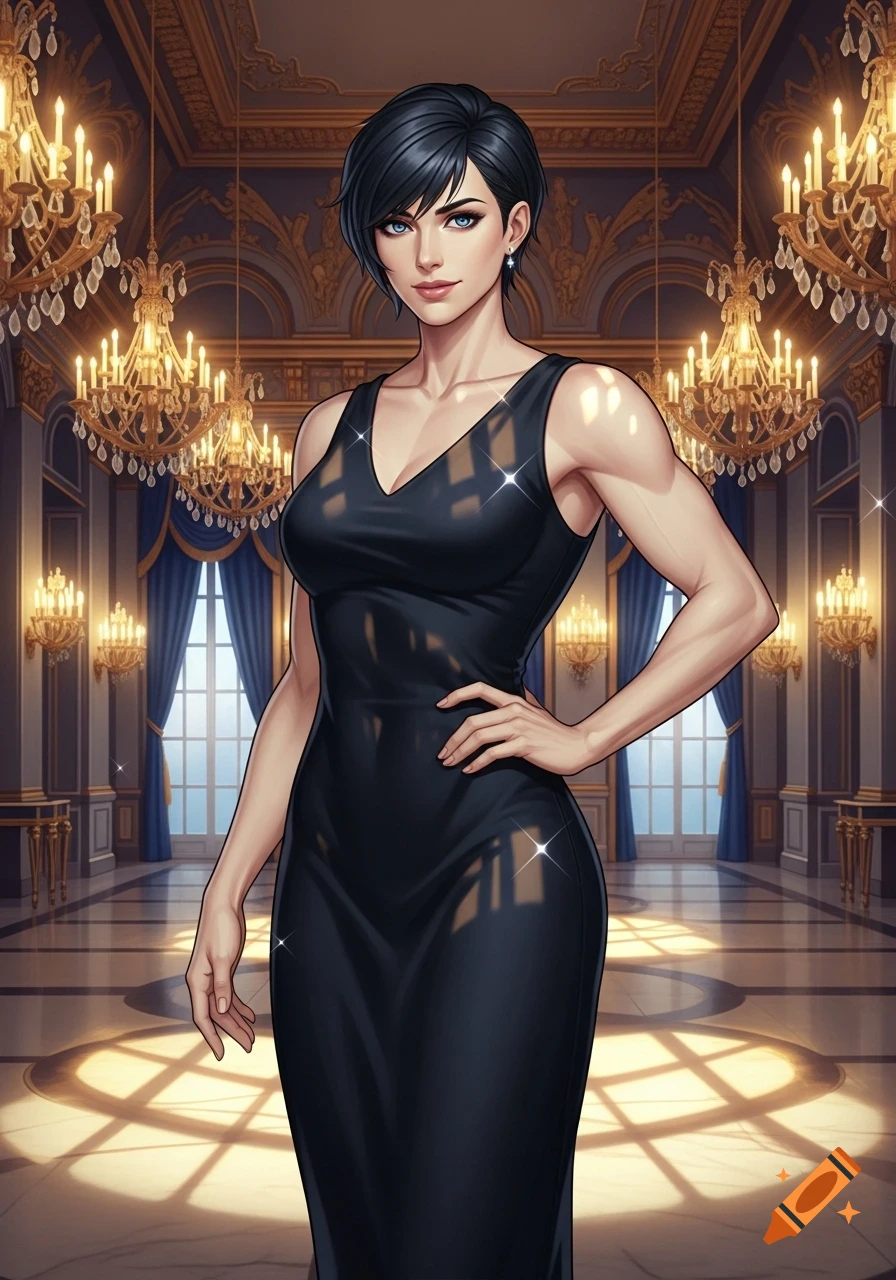 A confident woman with short black hair and blue eyes, wearing an elegant black dress, stands in an opulent hall with chandeliers.