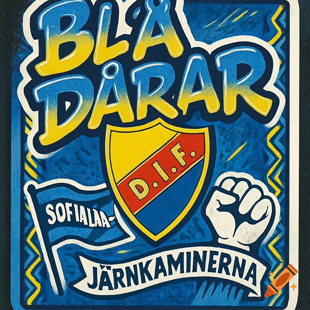 Stylized blue and yellow football sticker with a red and yellow shield logo, a raised fist, and text 'BLÅ DÅRAR' and 'JÄRNKAMINERNA'.