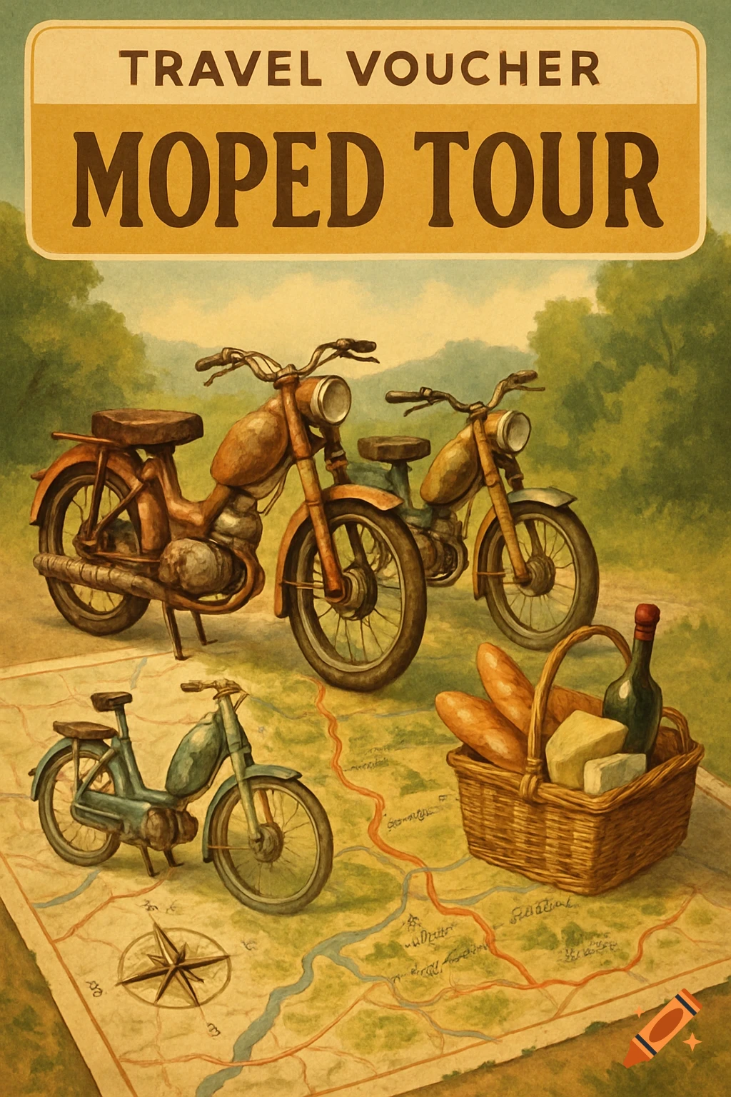 Vintage poster illustration for a Moped Tour, showing three old mopeds, a picnic basket, and a map background.