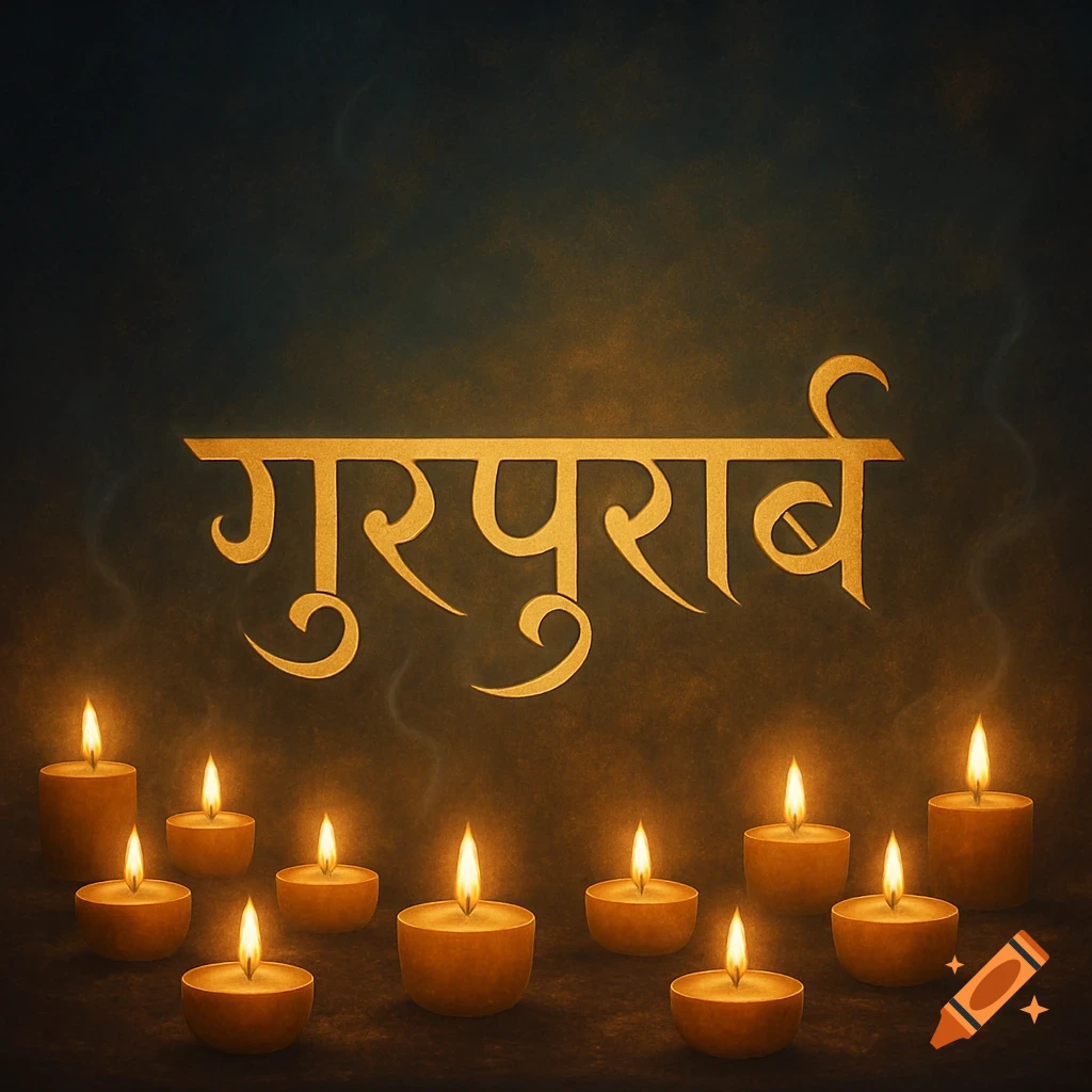 Golden Gurpurab script illuminated by multiple glowing candles against a dark, smoky background.
