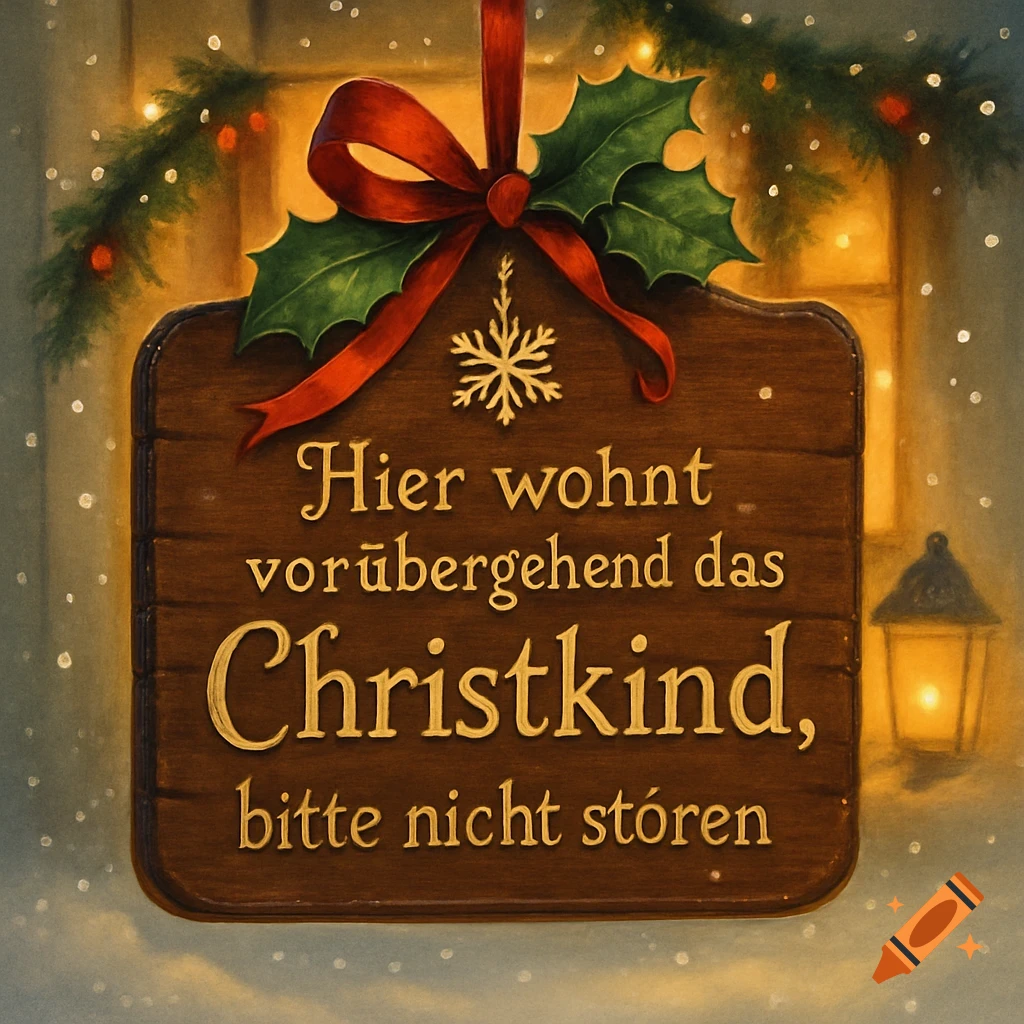 A festive wooden sign with a red bow, holly, and snowflake, featuring German text about the Christ Child, set against a blurred snowy window.