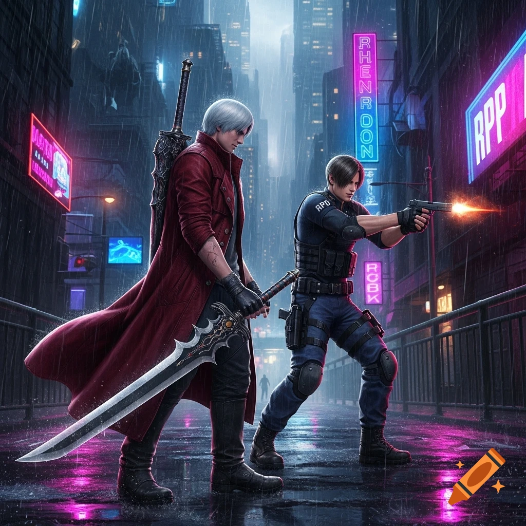 Dante from Devil May Cry and Leon Kennedy from Resident Evil stand in a neon-lit, rainy cyberpunk city street. Dante, with white hair and a red trench coat, holds a large sword. Leon, in a police uniform, aims and fires a handgun.