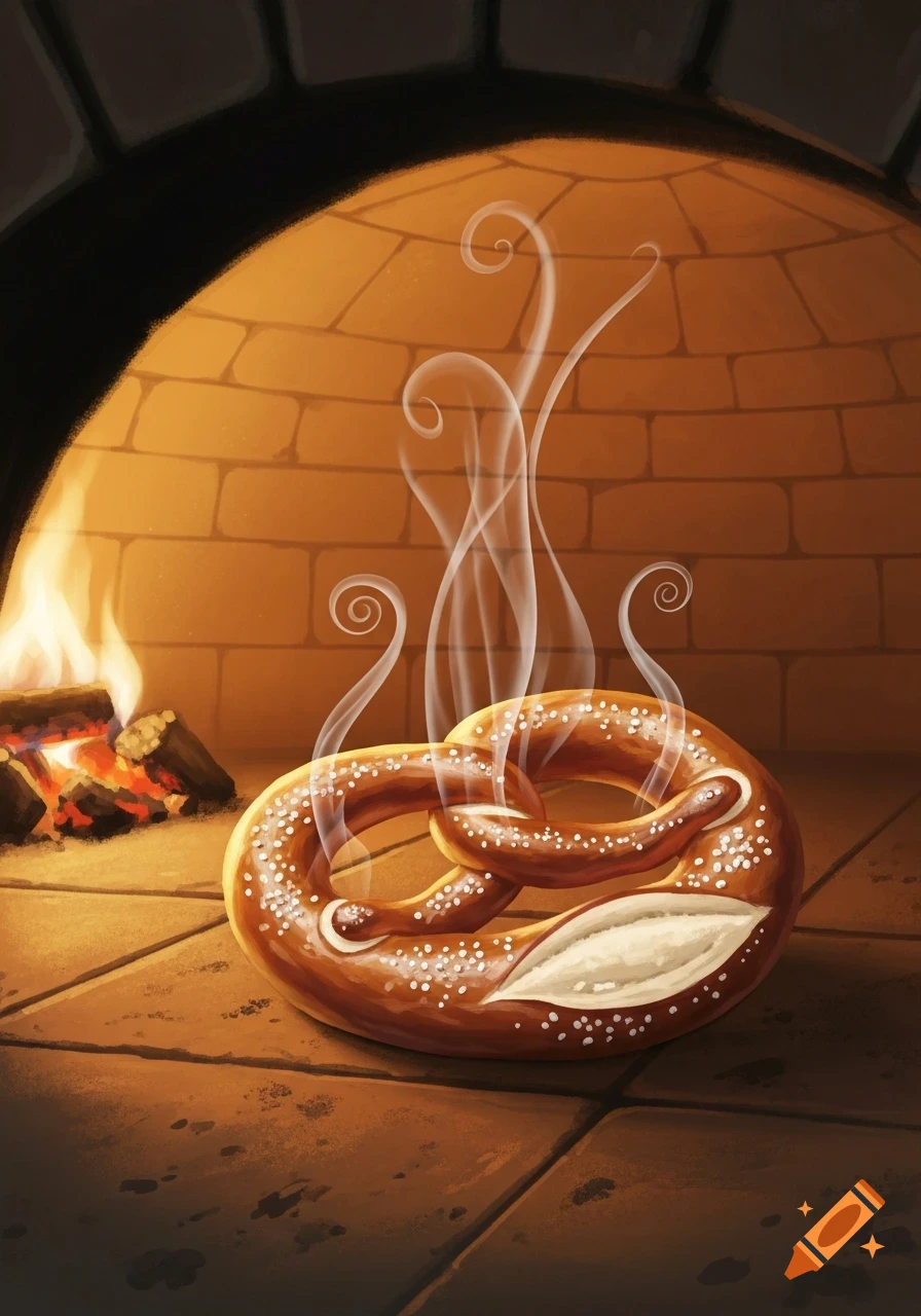 An illustration of a steaming pretzel fresh from a brick oven with a burning fire.