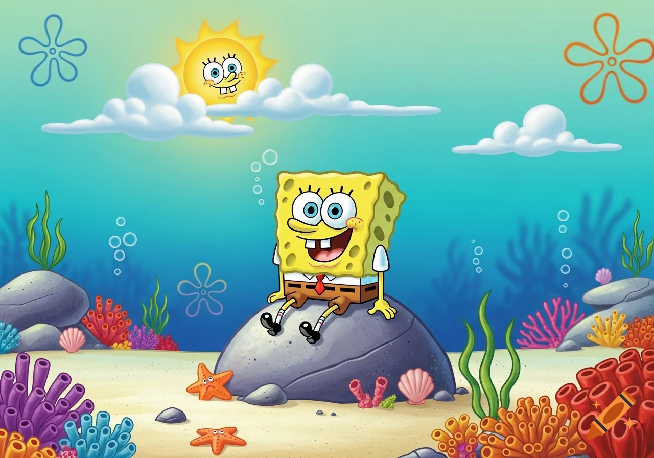 Colorful cartoon of Spongebob Squarepants smiling and sitting on a rock in an underwater scene with corals and a smiling sun.
