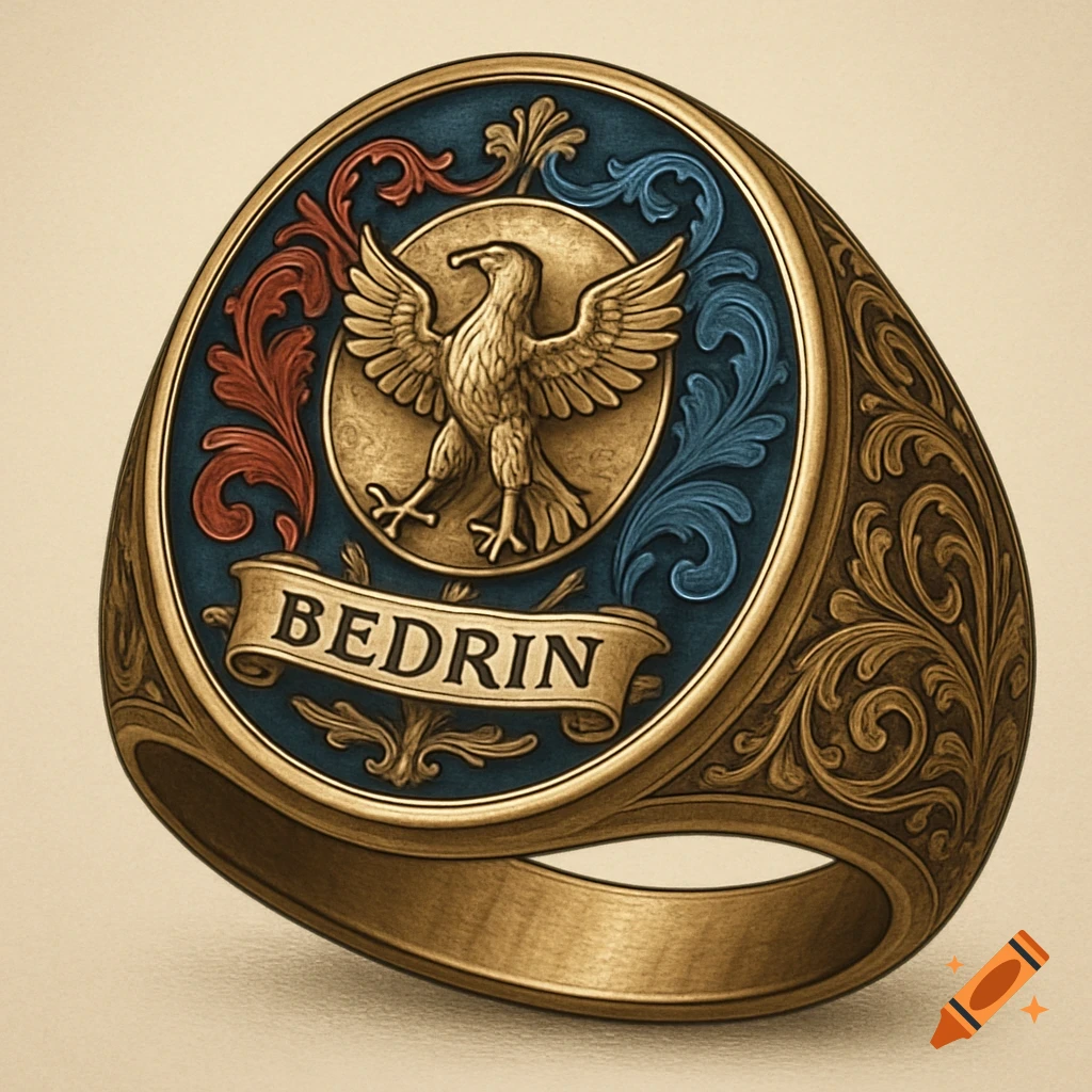 A detailed gold signet ring featuring an eagle crest on blue and red enamel, with 'BEDRIN' on a banner.