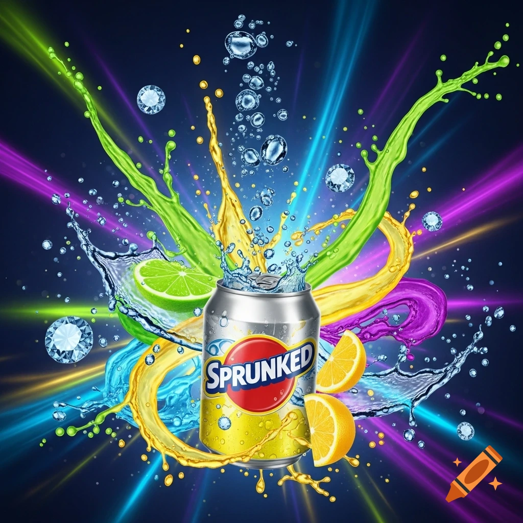 A vibrant image of a 'Sprunked' soda can with colorful liquid splashes, lime, and lemon slices against a dark background with light streaks.