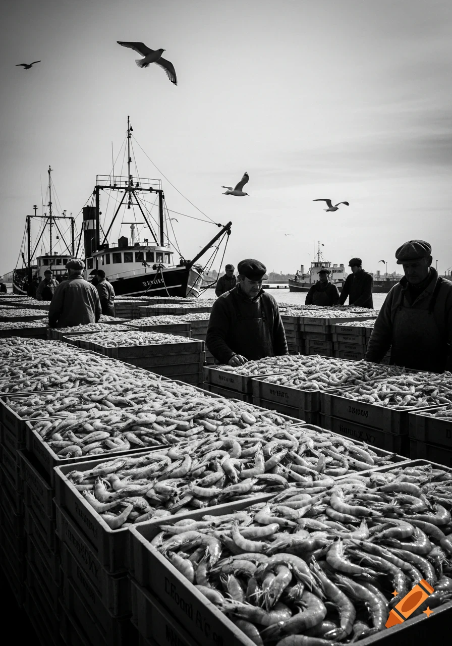 Black and white photo of fishermen sorting crates of fresh shrimp at a bustling port with fishing boats and gulls overhead.