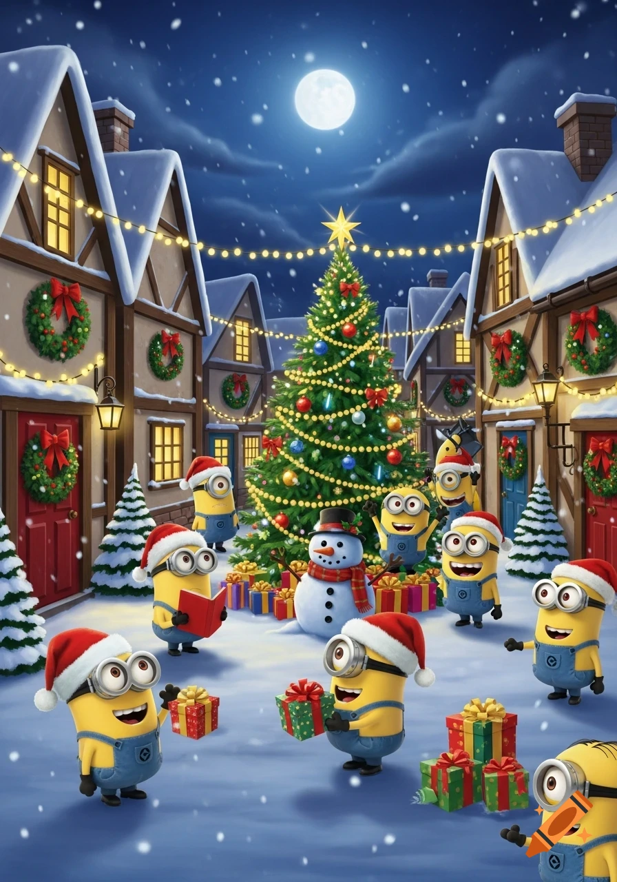 Cartoon Minions in Santa hats celebrate Christmas in a snowy village square with a decorated tree and snowman at night.