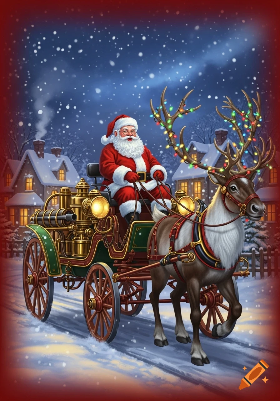 Santa Claus in a festive, steampunk-style sleigh pulled by a reindeer with lighted antlers, traveling through a snowy village at night.