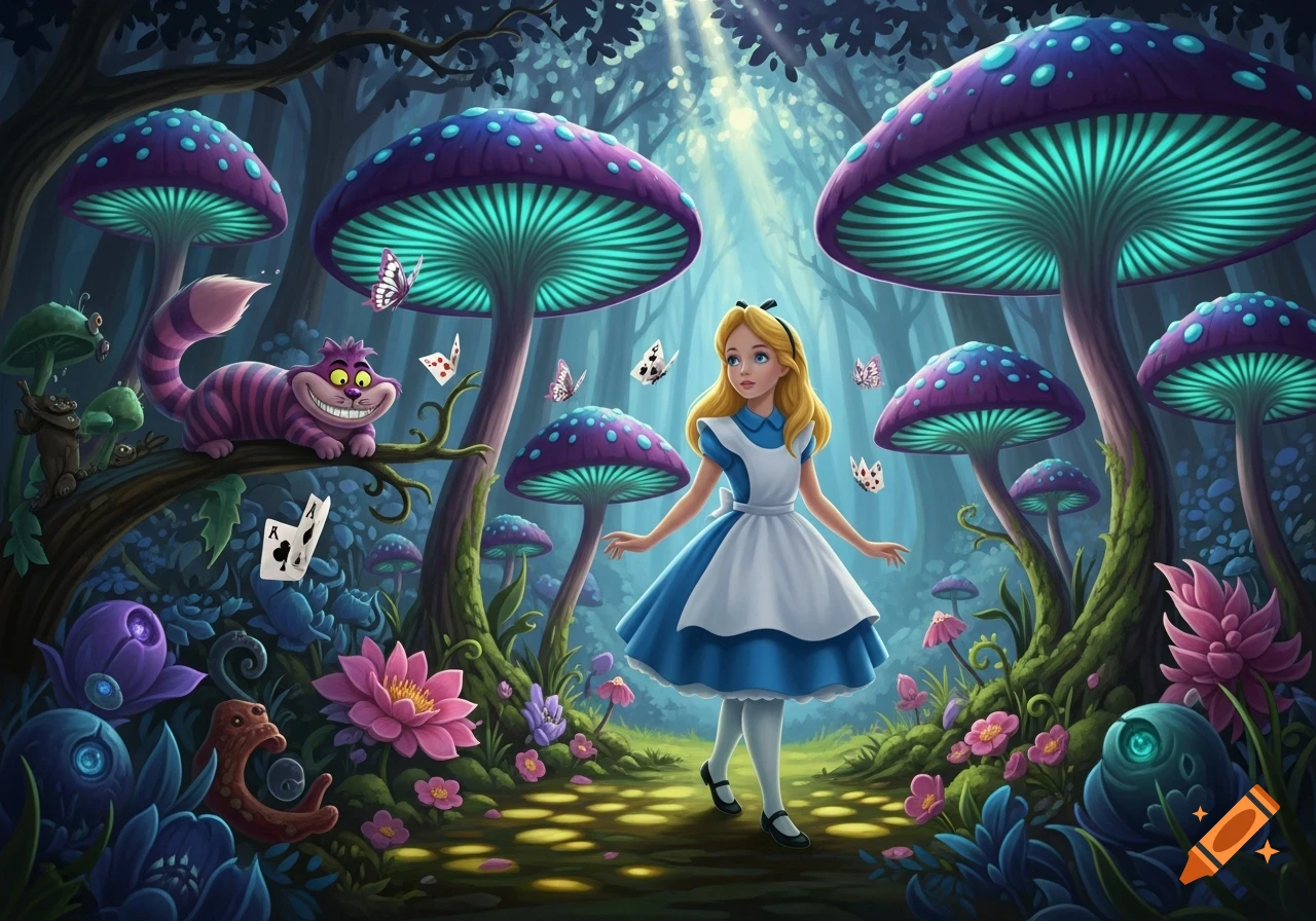 A whimsical illustration of Alice in a magical forest with glowing purple and blue mushrooms, the Cheshire Cat on a branch, and butterflies.