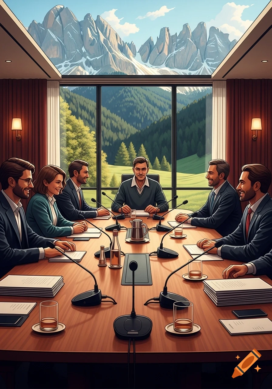 An illustrated scene of professionals holding a meeting at a large conference table, with a scenic mountain view outside.