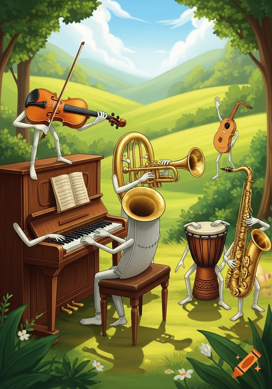 Cartoon anthropomorphic musical instruments, including a piano, violin, tuba, saxophone, guitar, and drum, play music in a forest clearing.