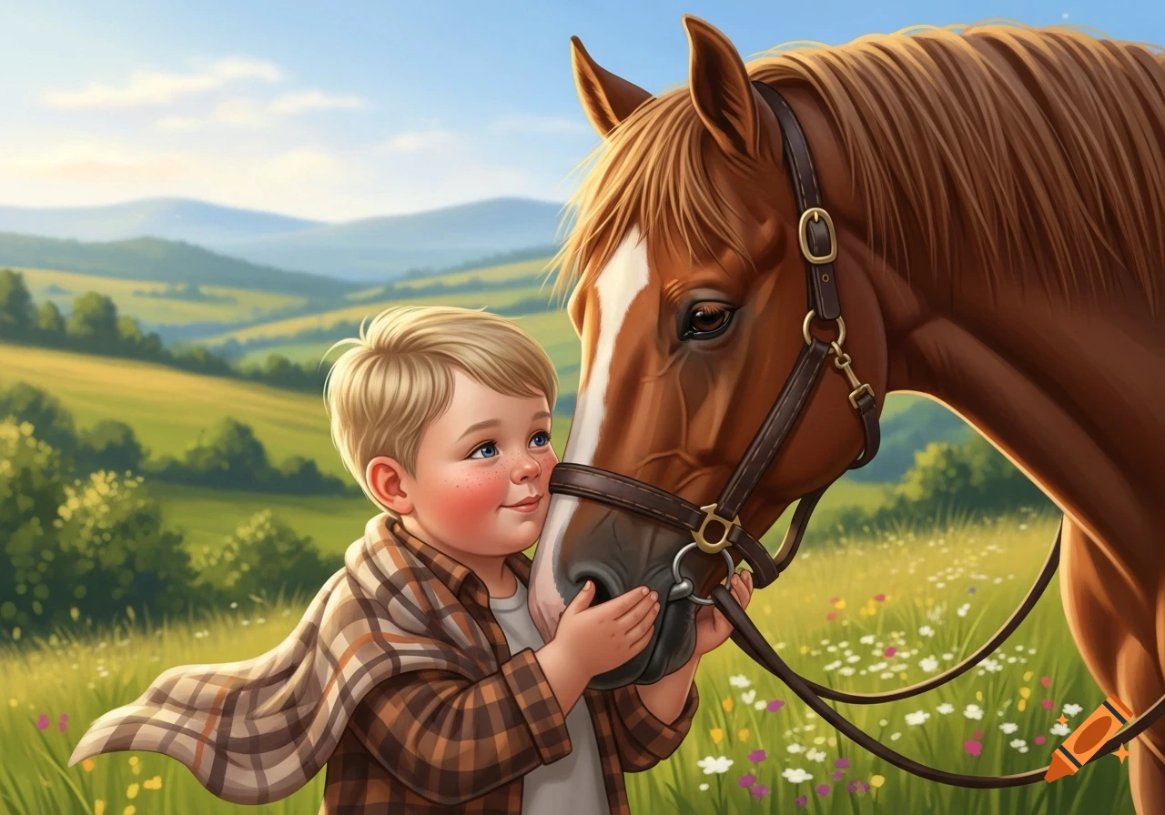 A blonde boy with freckles gently touches a brown horse's muzzle in a sunny, green field with rolling hills.