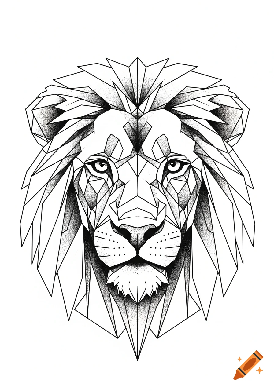 A black and white geometric line art illustration of a lion's face with stippling for shading.