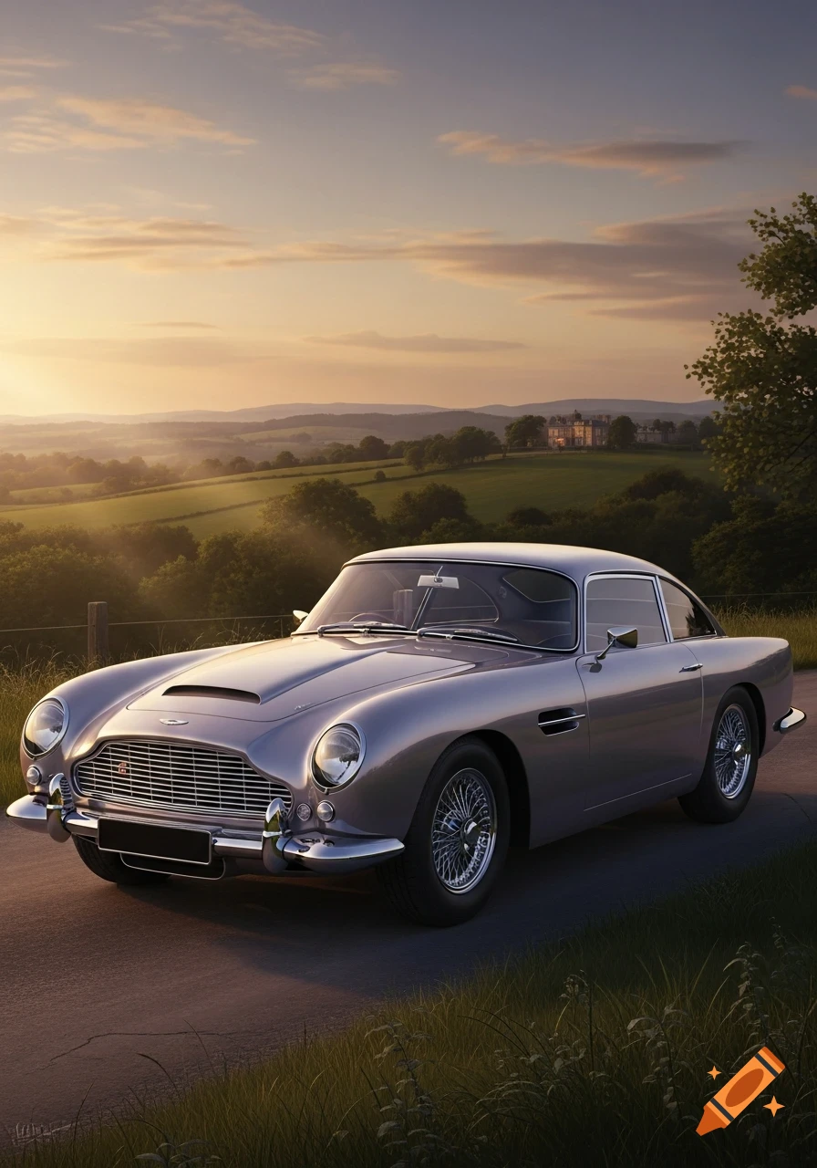 A silver Aston Martin DB4 classic car on a road, overlooking a green countryside with a manor house at sunset, photorealistic.
