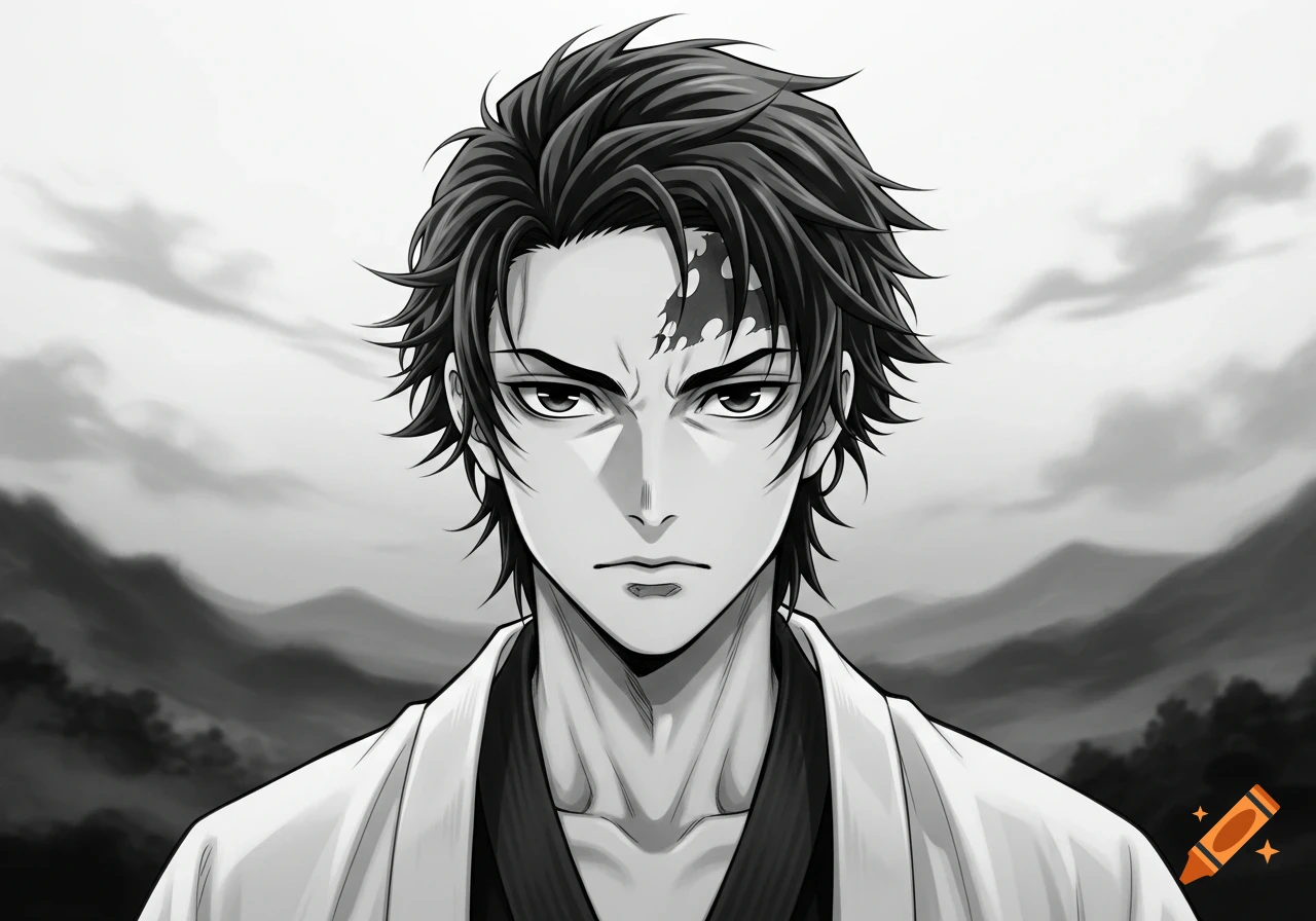 Black and white anime style portrait of a stern-faced man with spiky hair and a forehead mark, against a cloudy landscape.