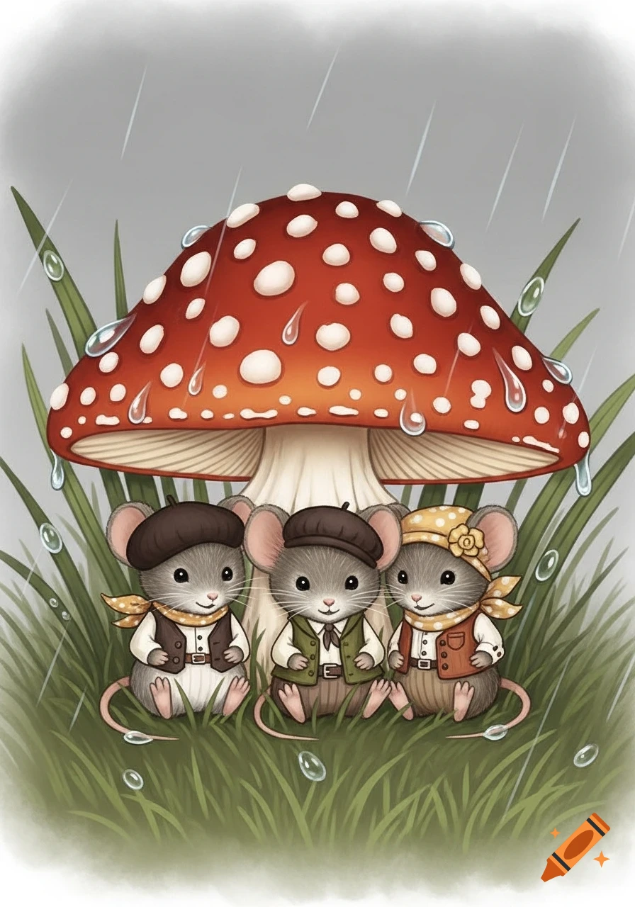 Three cartoon mice in hats and vests sit under a red and white mushroom in the rain, surrounded by green grass.