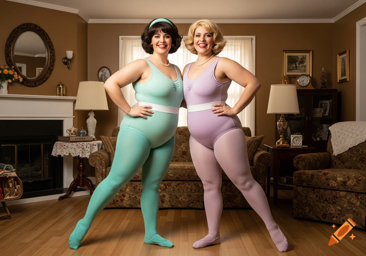 Two smiling women in a light green and lavender leotard with matching tights, creating an optical illusion of a merged body in a vintage living room.