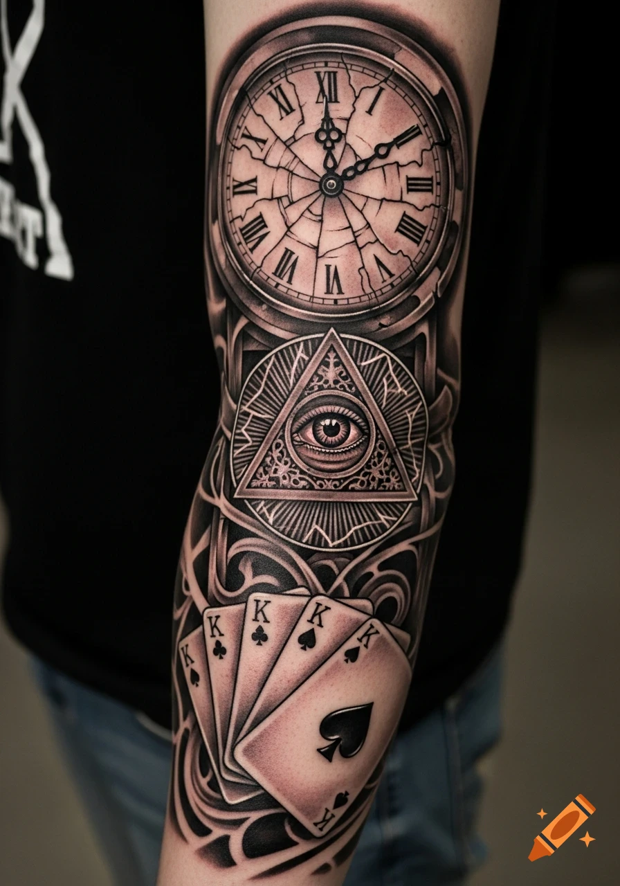 Detailed black and grey arm tattoo featuring a cracked Roman numeral clock, an Illuminati eye in a triangle, and playing cards.