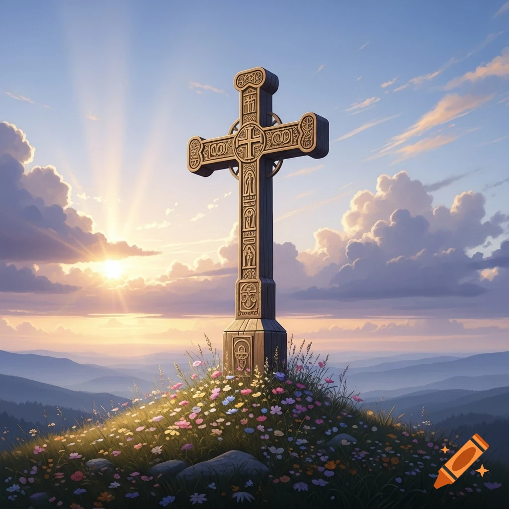 An ornate stone cross stands on a flower-covered hill overlooking mountains at sunrise, with sun rays beaming from behind.