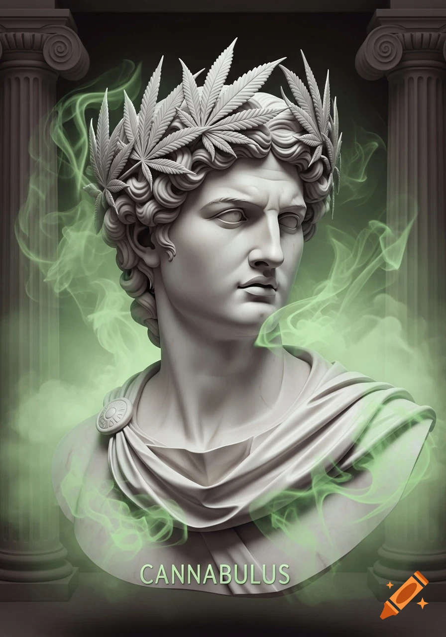 Marble bust of a man with a crown of cannabis leaves, enveloped in green smoke, with the name CANNABULUS at the bottom. Two pillars are in the background.