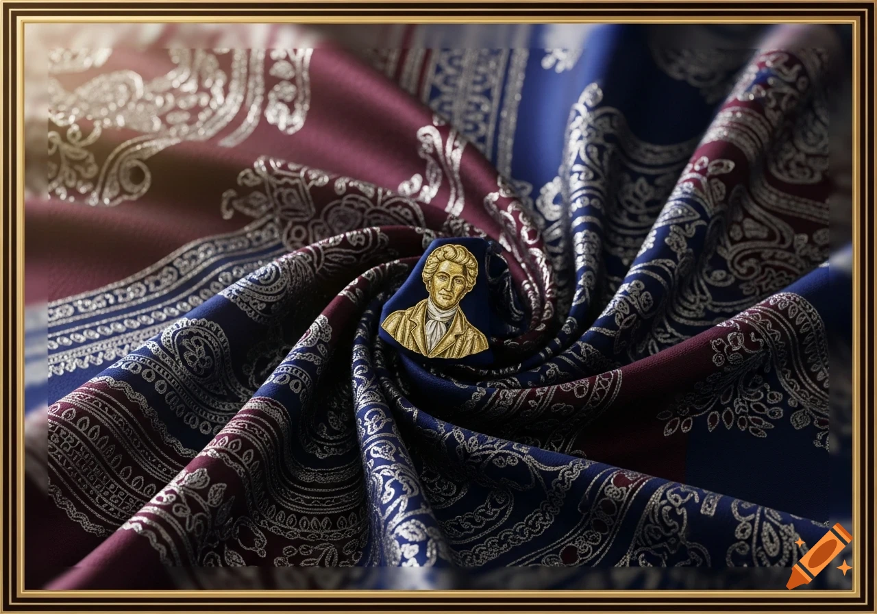 Close-up of a luxurious burgundy and blue fabric with intricate silver paisley patterns, featuring a gold bust of a man in the center.