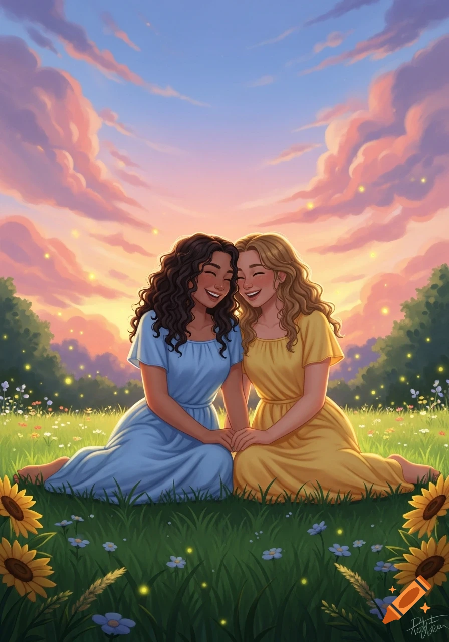 Illustration of two smiling women, one dark-haired in blue, one blonde in yellow, holding hands in a flower-filled field at sunset.
