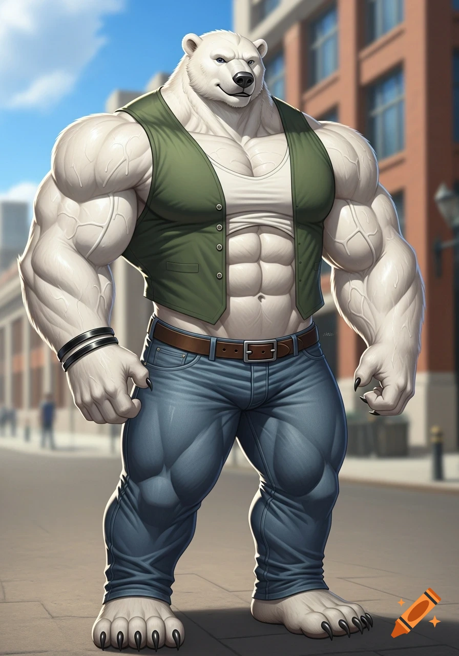 A smiling, muscular anthropomorphic polar bear in a green vest, white tank top, jeans, and bracelets stands outdoors in an urban illustration.